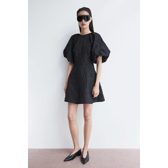 H&M Black Jacquard Weave Tie Back Puff Sleeve Dress Whimsigoth Dark Coquette NEW - Picture 1 of 14